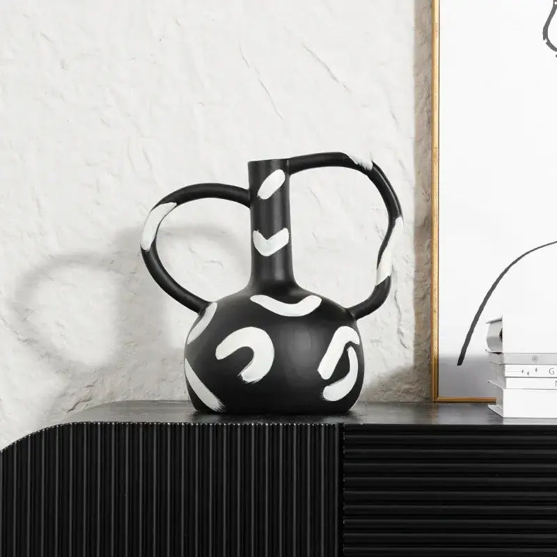 Abstract black & white geometric striped vase with abstract handle living room decor