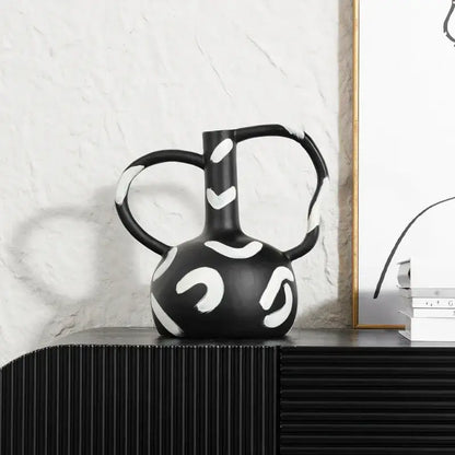 Abstract black & white geometric striped vase with abstract handle living room decor