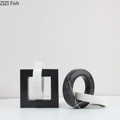 Abstract black & white marble geometric knot – living room square ring statue