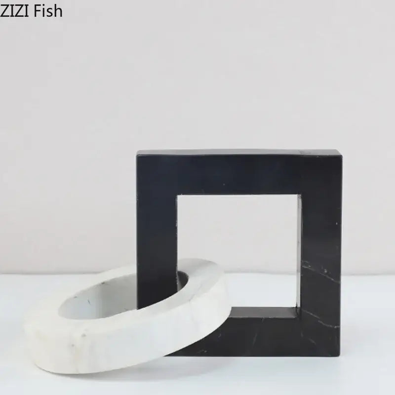 Abstract black & white marble geometric knot – living room square ring statue