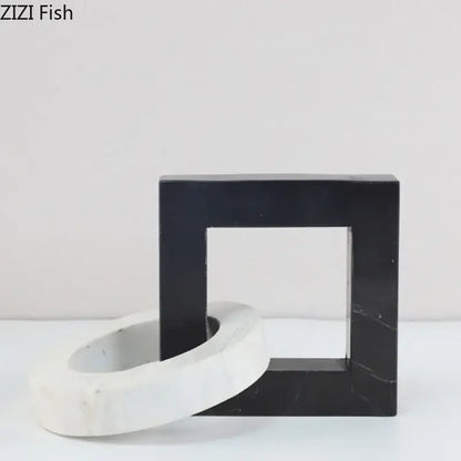 Abstract black & white marble geometric knot – living room square ring statue
