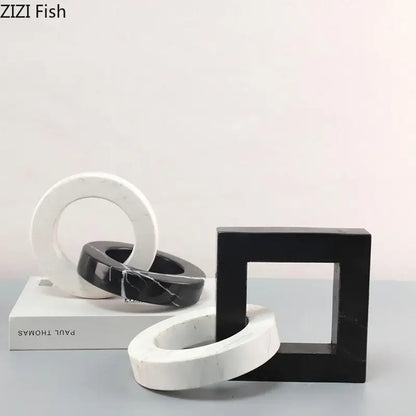 Abstract black & white marble geometric knot – living room square ring statue