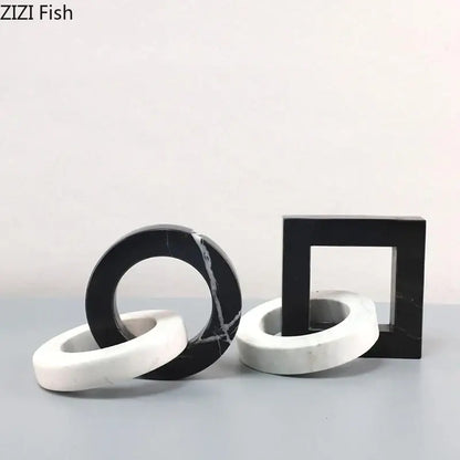 Abstract black & white marble geometric knot – living room square ring statue