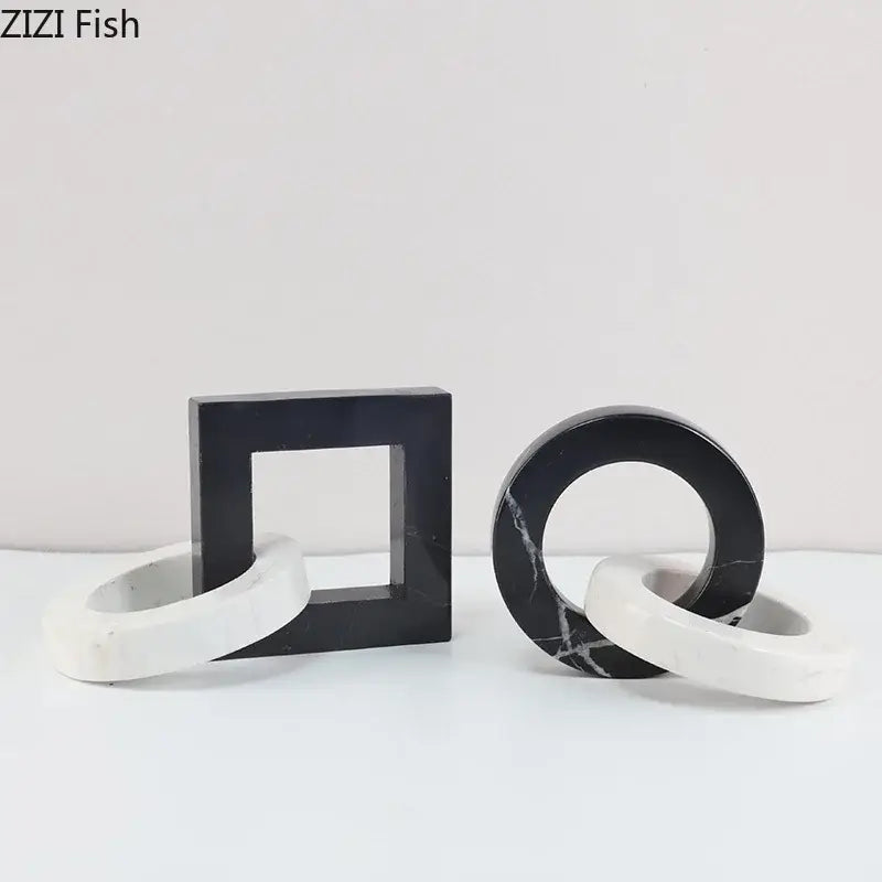 Abstract black & white marble geometric knot – living room square ring statue
