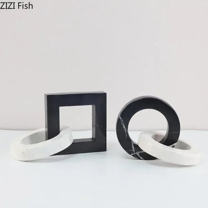 Abstract black & white marble geometric knot – living room square ring statue