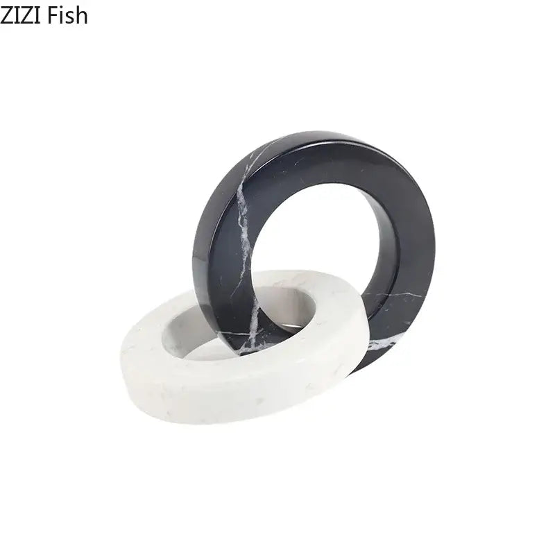 Abstract black & white marble geometric knot – living room square ring statue