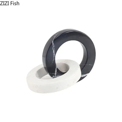 Abstract black & white marble geometric knot – living room square ring statue