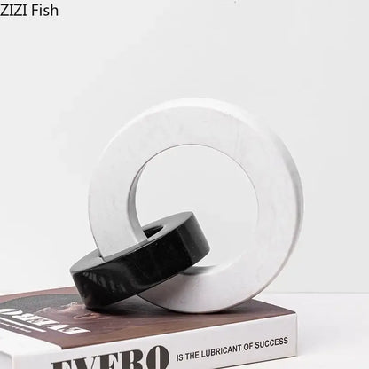 Abstract black & white marble round ring sculpture living room decor