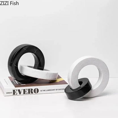 Abstract black & white marble round ring sculpture living room decor