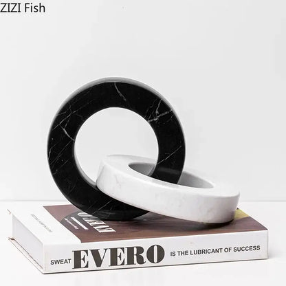 Abstract black & white marble round ring sculpture living room decor
