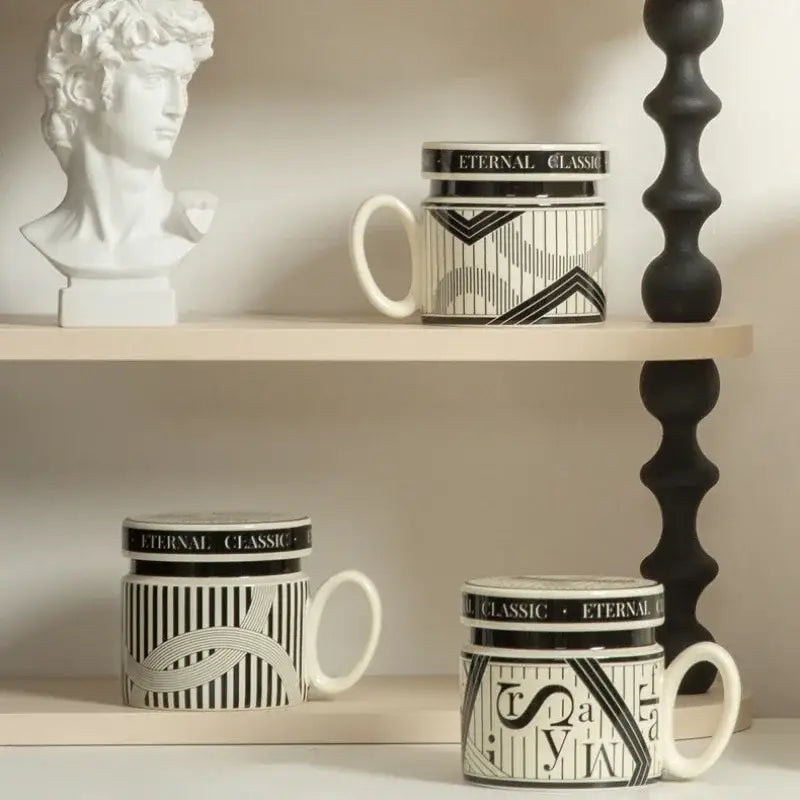 Abstract black & white striped espresso cups – kitchen coffee gift