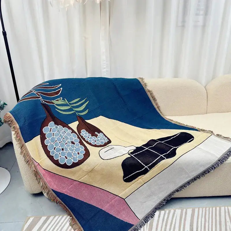Abstract blue and beige geometric knitted tassels throw blanket bedroom