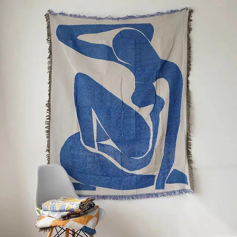 Abstract blue and beige geometric knitted tassels throw blanket bedroom