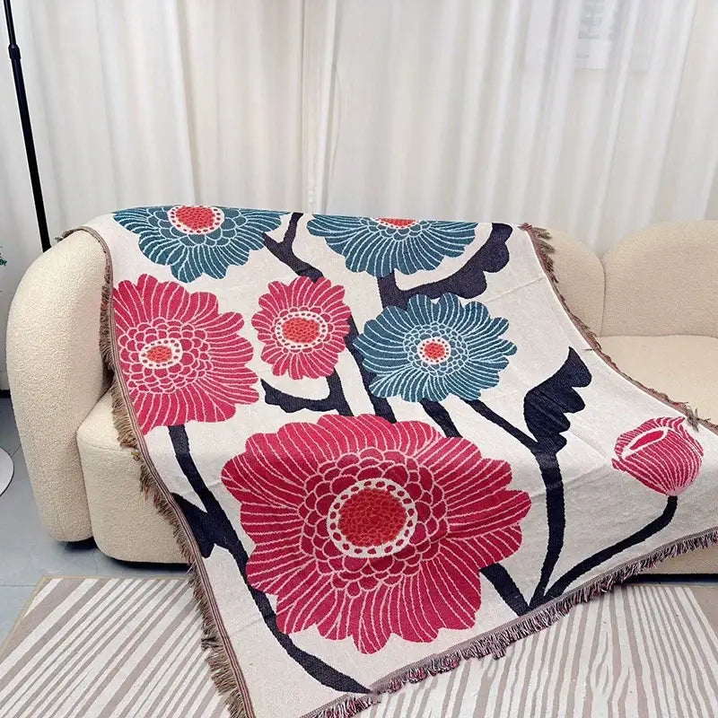 Abstract blue and beige geometric knitted tassels throw blanket bedroom