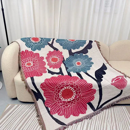 Abstract blue and beige geometric knitted tassels throw blanket bedroom