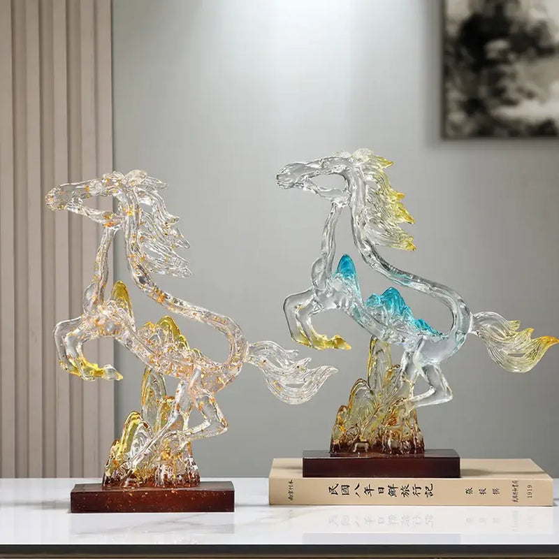 Abstract blue & gold crystal horse statue living room decor