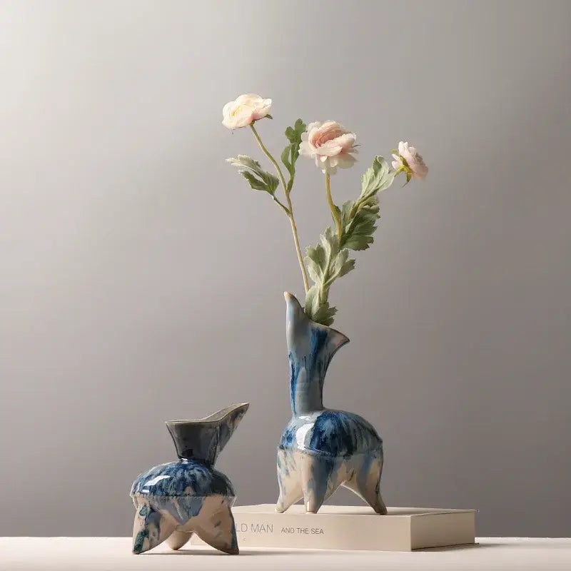 Abstract blue & white irregular ink pattern ceramic vase living room decor