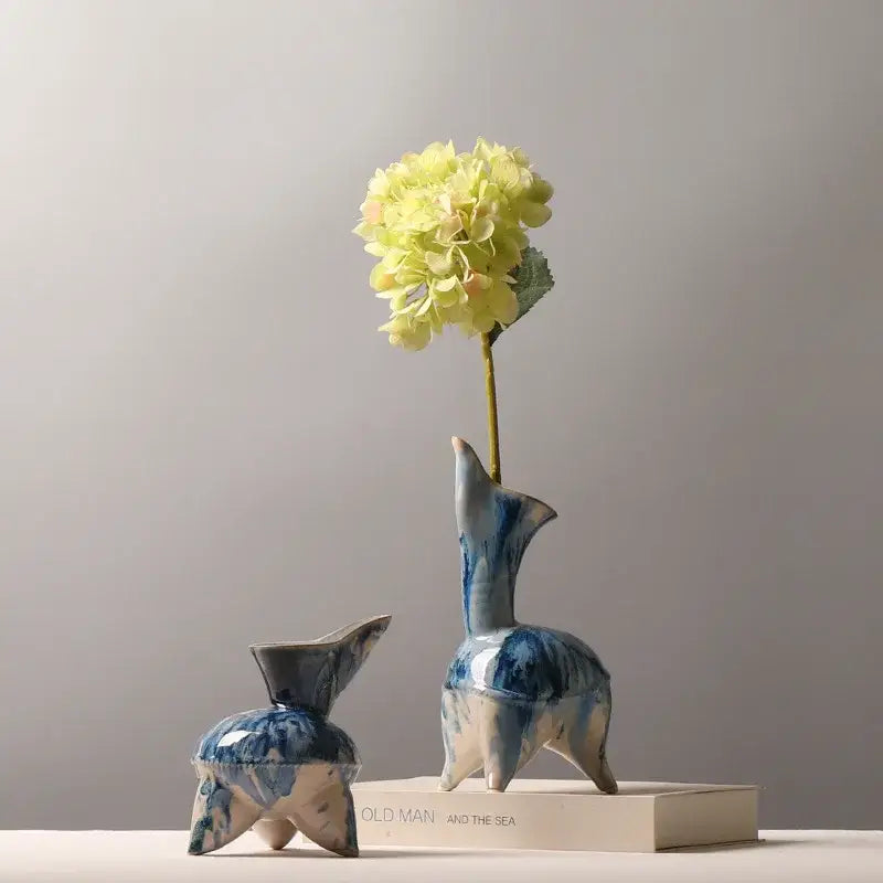 Abstract blue & white irregular ink pattern ceramic vase living room decor