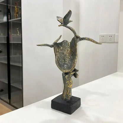 Abstract bronze & gold mask bird figurine statue for office decor