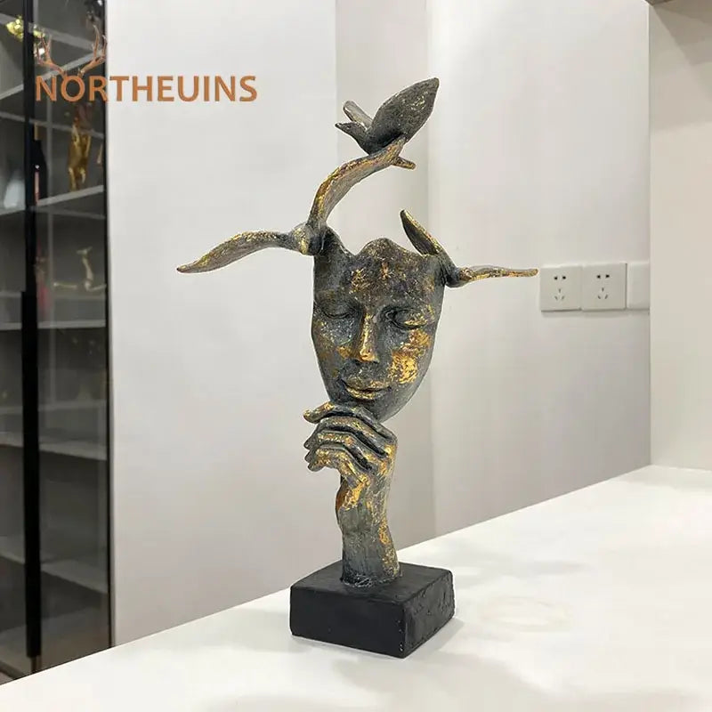 Abstract bronze & gold mask bird figurine statue for office decor