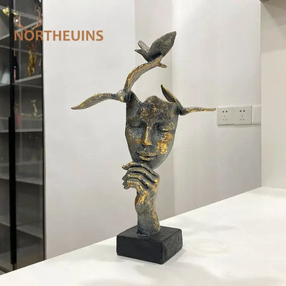 Abstract bronze & gold mask bird figurine statue for office decor