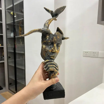 Abstract bronze & gold mask bird figurine statue for office decor