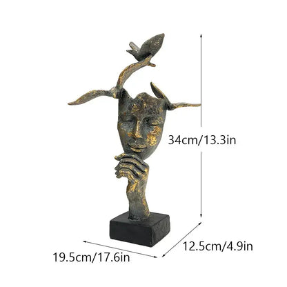 Abstract bronze & gold mask bird figurine statue for office decor