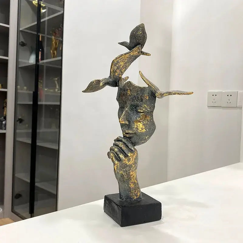 Abstract bronze & gold mask bird figurine statue for office decor