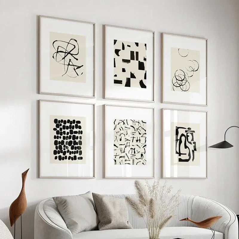 Minimalist black & cream abstract canvas poster prints set living room