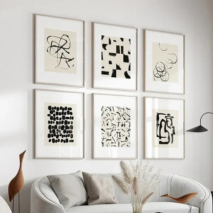 Minimalist black & cream abstract canvas poster prints set living room