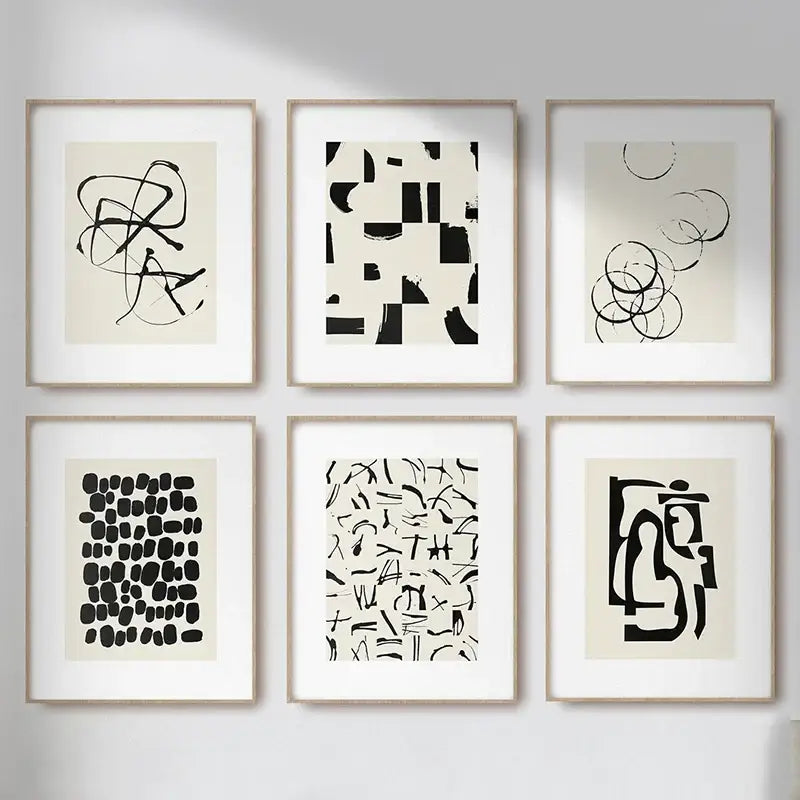Minimalist black & cream abstract canvas poster prints set living room