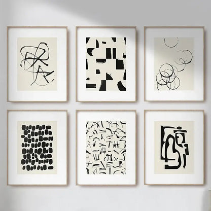 Minimalist black & cream abstract canvas poster prints set living room