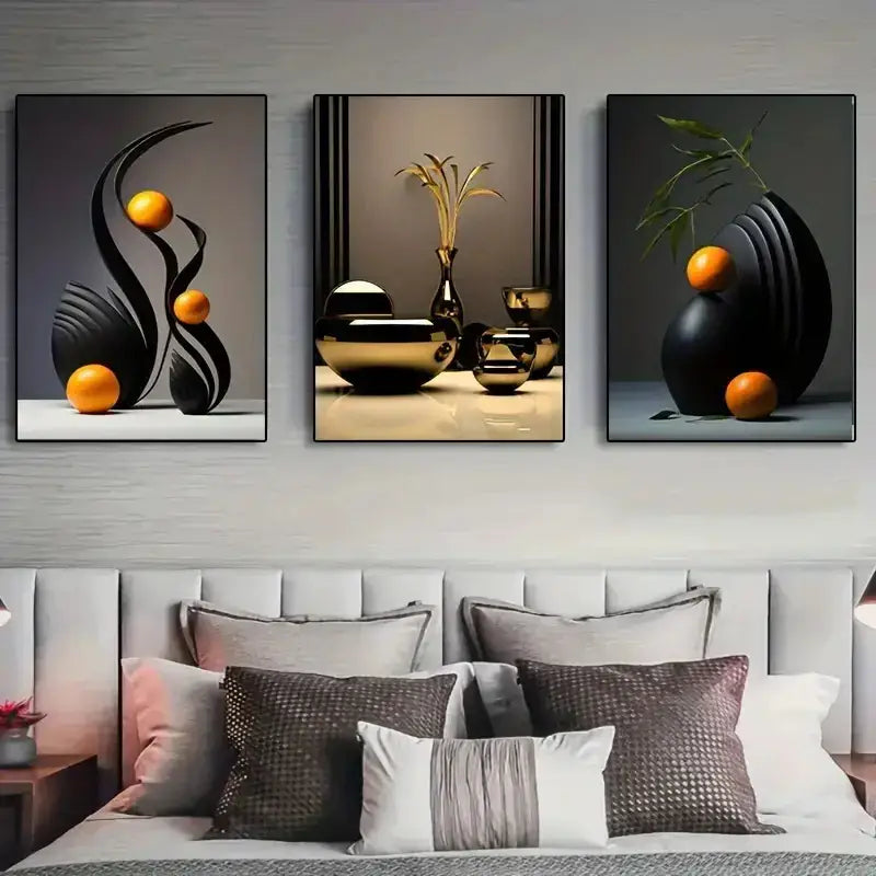 Modern black & gold abstract canvas print set bedroom wall art