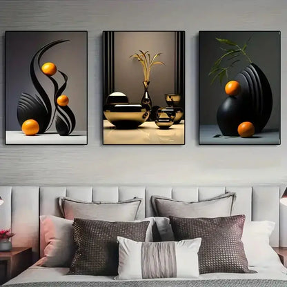 Modern black & gold abstract canvas print set bedroom wall art