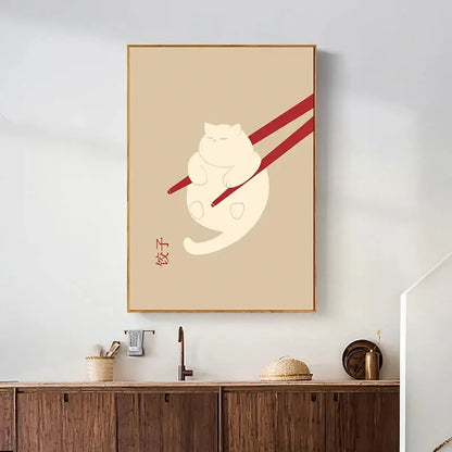 Minimalist lazy cat illustration canvas art set living room decor