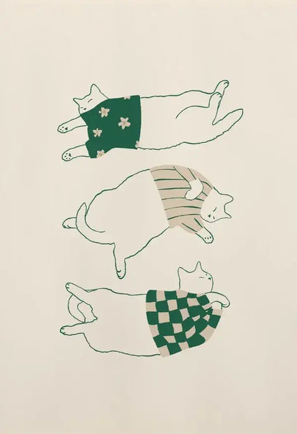 Minimalist lazy cat illustration canvas art set living room decor