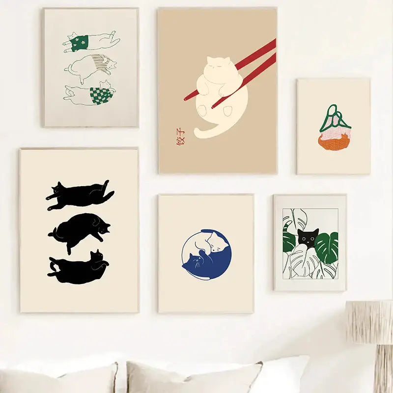Minimalist lazy cat illustration canvas art set living room decor