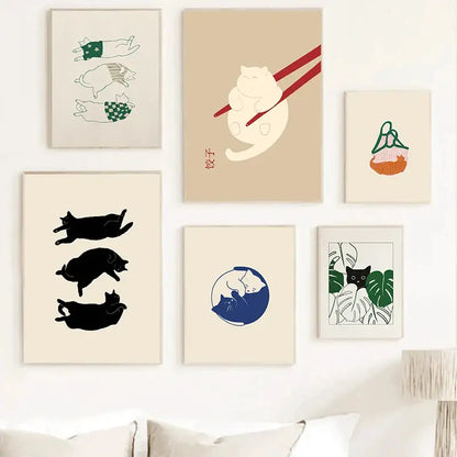 Minimalist lazy cat illustration canvas art set living room decor