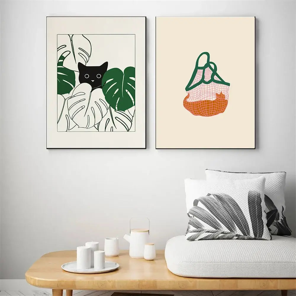 Minimalist lazy cat illustration canvas art set living room decor