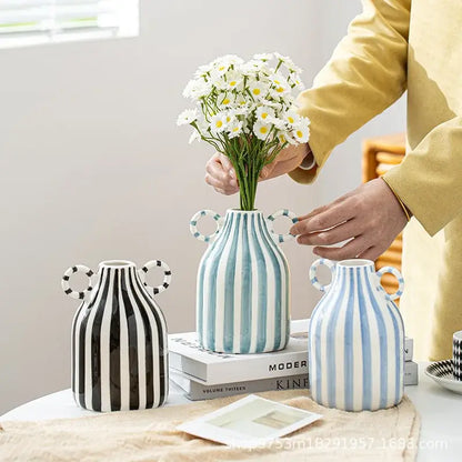 Abstract blue & white striped ceramic hydroponic vase living room double ear