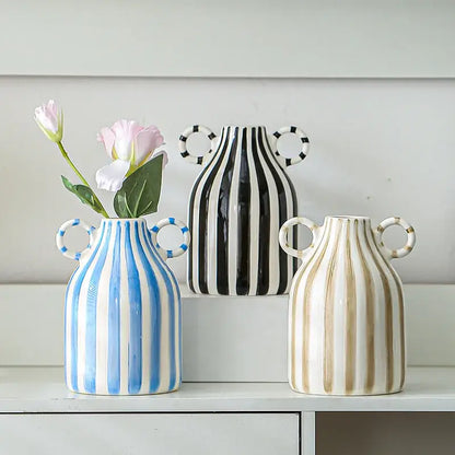 Abstract blue & white striped ceramic hydroponic vase living room double ear