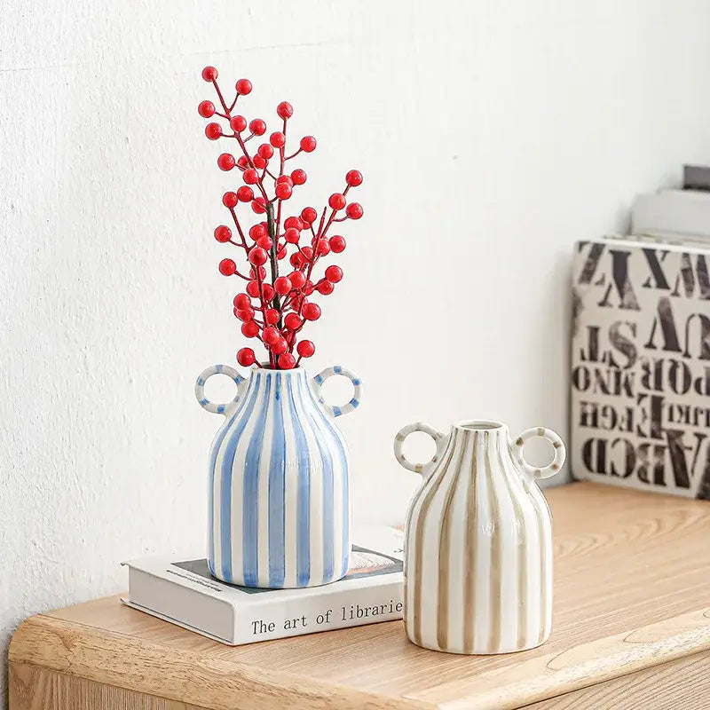 Abstract blue & white striped ceramic hydroponic vase living room double ear