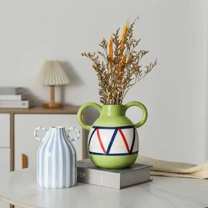 Abstract blue & white striped ceramic hydroponic vase living room double ear