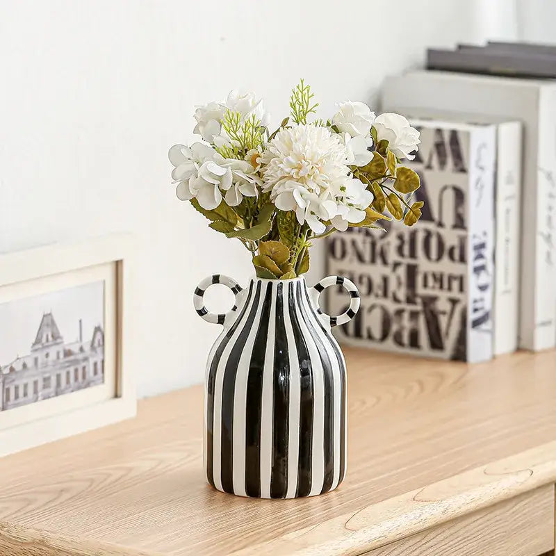 Abstract blue & white striped ceramic hydroponic vase living room double ear