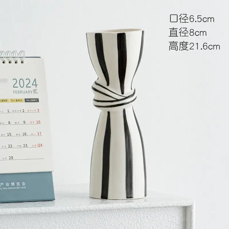 Abstract blue & white striped ceramic hydroponic vase living room double ear