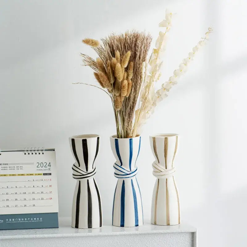 Abstract blue & white striped ceramic hydroponic vase living room double ear
