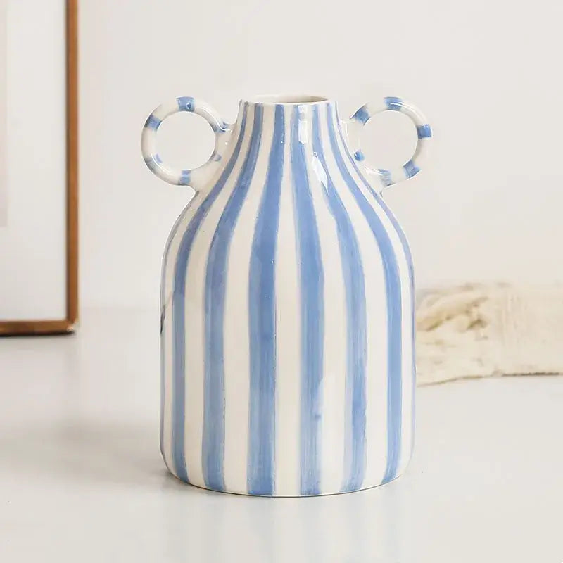Abstract blue & white striped ceramic hydroponic vase living room double ear