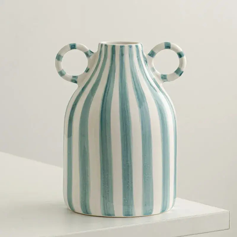 Abstract blue & white striped ceramic hydroponic vase living room double ear