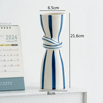 Abstract blue & white striped ceramic hydroponic vase living room double ear