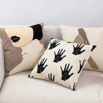 Abstract cream & black embroidered cotton cushion cover living room